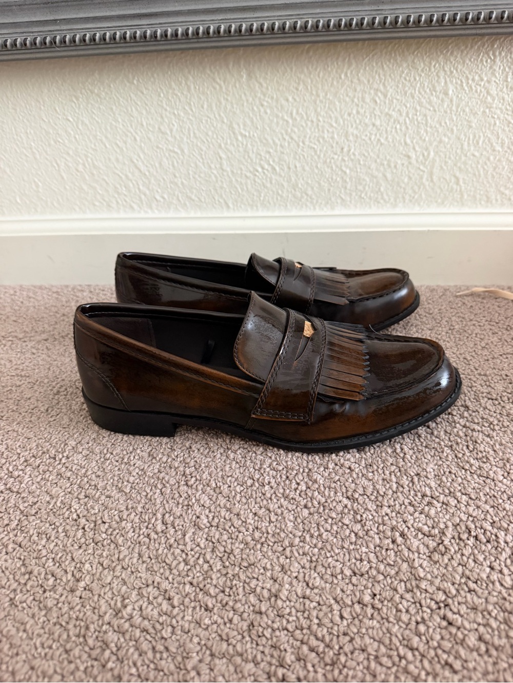 Zara Brown Leather Kiltie Loafers with Gold Accent - Picture 2 of 4